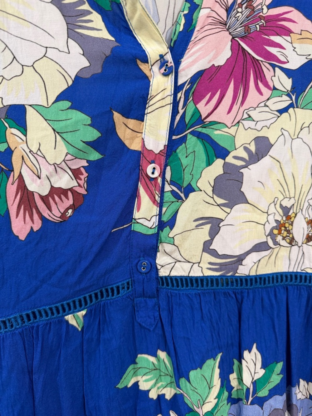 Johnny Was Cobalt Blue Floral Midi Dress with Cream & Pink Blooms Size XL - Picture 5 of 7